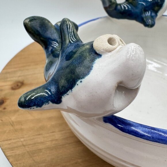 John Nishio Studio Art Pottery Bowl 2 Happy Dolphins Sharks Ocean Blue Trim 3D C - Picture 7 of 16